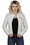 AsyaClub Caroline Hakiki Deri Kadın Beyaz Ceket-Mont