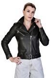 AsyaClub Cat Hakiki Deri Kadın Siyah Biker Ceket-Mont