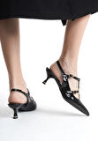 Feles Şeker Topuklu Çift Toka Detaylı Arkası Açık Stiletto Kadın Kısa Topuklu Ayakkabı