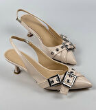 Feles Şeker Topuklu Çift Toka Detaylı Arkası Açık Stiletto Kadın Kısa Topuklu Ayakkabı