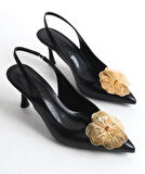 Feles Sarı Gül Detaylı Arkası Açık Stiletto Kadın Topuklu Ayakkabı