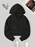 Kadın Basic Kapüşonlu Crop İçi Polarlı Oversize Sweatshirt