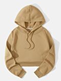 Kadın Basic Kapüşonlu Crop İçi Polarlı Oversize Sweatshirt