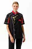 Aşçı Ceketi Kisa Kollu SiyahKırmızı 75 Polyester Evereste Şef Nefes Alabilir Hafif Şık Tasarım