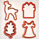 Hediye Yılbaşı Kurabiye Kalıp Set 4'lü - Hediye, Çan, Geyik, Yaprak