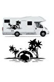 Palmiye Ve Yunuslar Kamp Karavan Sticker 120 x 60 cm