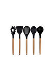 Siyah Bambu Silikon - Kepçe, Kaşık, Kevgir, Makarna, 2 Spatula, Silikon Metal Maşa, Makas, Çırpıcı