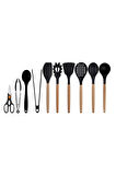 Siyah Bambu Silikon - Kepçe, Kaşık, Kevgir, Makarna, 2 Spatula, 2 Maşa, Silikon Kaşık, Makas Set