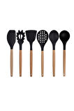Siyah Bambu Silikon - Kepçe, Kaşık, Kevgir, Makarna, 2 Spatula, 2 Maşa, Silikon Kaşık, Makas Set