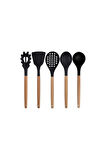Siyah Bambu Silikon - Kepçe, Kaşık, Kevgir, Makarna, 2 Spatula, Silikon Metal Maşa, Çırpıcı 9 Adet