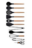Siyah Bambu Silikon Kepçe Kaşık Kevgir Makarna, 2 Spatula, 2 Maşa, Çırpıcı, S Kaşık, Makas 11 Li Set