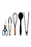 Siyah Bambu Silikon Kepçe Kaşık Kevgir Makarna, 2 Spatula, 2 Maşa, Çırpıcı, S Kaşık, Makas 11 Li Set