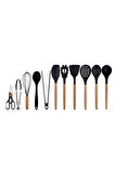 Siyah Bambu Silikon Kepçe Kaşık Kevgir Makarna, 2 Spatula, 2 Maşa, Çırpıcı, S Kaşık, Makas 11 Li Set