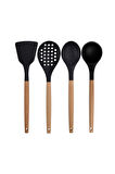 Siyah Bambu Silikon - Kepçe, Kaşık, Kevgir, Makarna, Açılı Spatula, Metal Maşa 6 lı Set