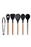 Siyah Bambu Silikon - Kepçe, Kaşık, Kevgir, Makarna, Açılı Spatula, Metal Maşa 6 lı Set