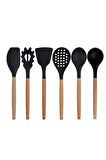 Siyah Bambu Silikon - Kepçe, Kaşık, Kevgir, Makarna, Açılı - Düz Spatula 6'lı Set