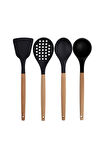 Siyah Bambu Silikon - Kepçe, Kaşık, Kevgir, Makarna, Açılı - Düz Spatula 6'lı Set