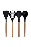 Siyah Bambu Silikon - Kepçe, Kaşık, Kevgir, Makarna, Açılı - Düz Spatula, Silikon Kaşık 7 Li Set