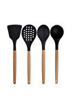 Siyah Bambu Silikon - Kepçe, Kaşık, Kevgir, Makarna, Açılı Spatula, Silikon Kaşık Set