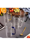 Yeni Stil Sarı Renkli Borosilikat Cam Yuvarlak Nescafe,Latte,Kahve Kulplu Kupa 400 ML 4 Adet