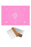Pembe Ölçülü Hamur Açma Matı 45 X 65 Cm ve Paslanmaz Çelik Ahşap Saplı Hamur Kesici Kazıyıcı Spatula