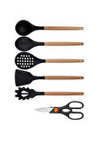 Siyah Bambu Silikon - Kepçe, Kaşık, Kevgir, Makarna, Açılı Spatula, Makas 6 lı Set