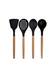 Siyah Bambu Silikon - Kepçe, Kaşık, Kevgir, Makarna, Açılı - Düz Spatula, Metal - Silikon Maşa Set
