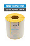 40x20mm Termal Etiket | 30 Rulo | 5000 Sarım | Ribonsuz | Kargo, Lojistik, Depo | Yapışkanlı