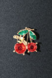 Yazın neşesi arılı kiraz broş. Altın dallı kristal taşlı yakut renkli kiraz arı kadın yaka iğnesi