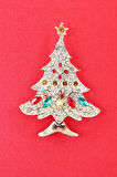 Gold noel ağacı broş. Taşlı yılbaşı ağacı broş. Yaka iğnesi broş. Çam ağacı broş. Kadın broş. Broş.