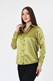 Kadın Hafif Dökümlü Yağ Yeşil Saten Gömlek