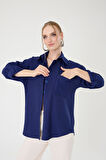 Tek Cepli Oversize Keten Gömlek- Lacivert