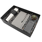 Modern Gri Dörtlü Vip Hediye Seti / Ajanda, Kalem, Termos ve Powerbank