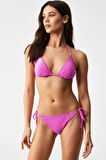 Kom Selef Dokulu Kumaşlı Üçgen Bikini Pembe