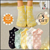 KRAL SOCKS Kadın Çorap (5 ÇİFT) Çiçek Desenli Kısa Renkli Patik Çorap