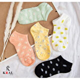 KRAL SOCKS Kadın Çorap (5 ÇİFT) Çiçek Desenli Kısa Renkli Patik Çorap