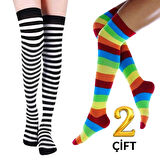 KRAL SOCKS Kadın Dizüstü Çorap (2 Çift) Günlük Düz Çizgili Pamuklu Diz Üstü Siyah Çorap Yeni Trend