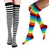 KRAL SOCKS Kadın Dizüstü Çorap (2 Çift) Günlük Düz Çizgili Pamuklu Diz Üstü Siyah Çorap Yeni Trend