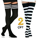 KRAL SOCKS Kadın Dizüstü Çorap (2 Çift) Günlük Düz Çizgili Pamuklu Diz Üstü Siyah Çorap Yeni Trend