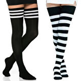 KRAL SOCKS Kadın Dizüstü Çorap (2 Çift) Günlük Düz Çizgili Pamuklu Diz Üstü Siyah Çorap Yeni Trend