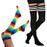 KRAL SOCKS Kadın Dizüstü Çorap (2 Çift) Günlük Düz Çizgili Pamuklu Diz Üstü Siyah Çorap Yeni Trend