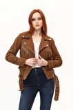  Biker Taba Kadın Deri Mont