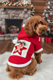 Yıldız Desenli Yılbaşı Köpek Kıyafeti Premium Kırmızı Polar | Kapüşonlu Noel Köpek Kostümü | Küçük Irklar İçin