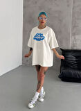 kinoedze Unisex Bisiklet Yaka Baskılı Oversize T-Shirt - Beyaz