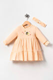Kız Bebek Cute Bee Nakışlı Bandanalı Müslin Elbise Somon