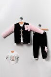Kız Bebek Ayıcık Desenli Üçlü Takım - Siyah/Pembe
