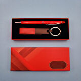 KENPAZAR Kırmızı Deri Anahtarlık ve Kalem