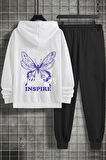 Uyguntarz Unisex Butterfly & Letter Graphic Baskılı Eşofman Takımı