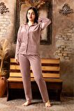 Sude Kadın Kışlık Gömlek Yaka Kadife Çizgili Pijama Takımı P200/840 - 1 Adet