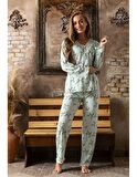 Sude Kadın Bambu Yakası Nakışlı V Yaka Uzun Kol İnce Pijama Takımı 4475/1 - 1 Adet